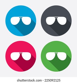 Aviator Sunglasses Sign Icon. Pilot Glasses Button. Circle Buttons With Long Shadow. 4 Icons Set. Vector