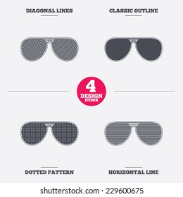 Aviator sunglasses sign icon. Pilot glasses button. Diagonal and horizontal lines, classic outline, dotted texture. Pattern design icons.  Vector