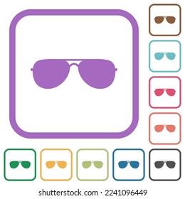 Aviator sunglasses simple icons in color rounded square frames on white background