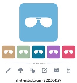 Aviator sunglasses white flat icons on color rounded square backgrounds. 6 bonus icons included
