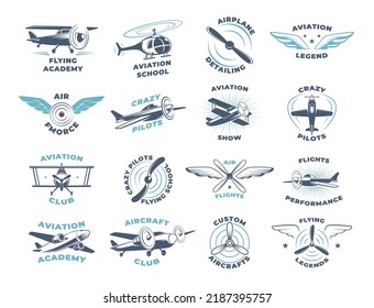 Aviators. Airplanes wings and propellers stylized badges with place for text exact vector business logotypes collection