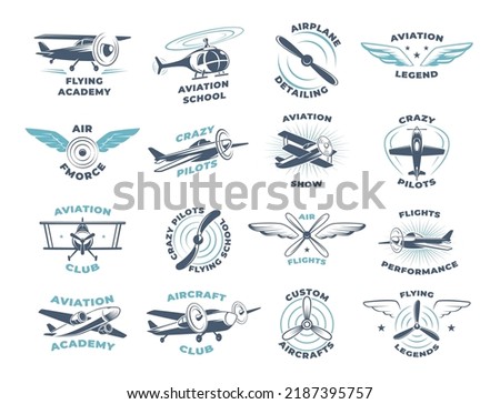 Aviators. Airplanes wings and propellers stylized badges with place for text exact vector business logotypes collection