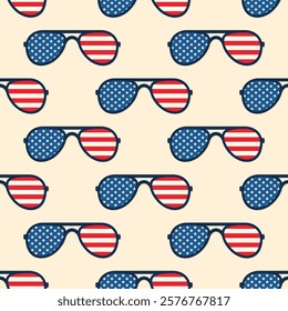 Aviators sunglasses with American flag on lenses. Vector seamless pattern on beige background.