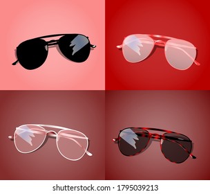 Aviators Sunglasses set in different colours with red colors background. Vector illustration.  For Stylish glasses shop , web or social network.