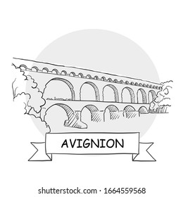 Avignion Hand-Drawn Urban Vector Sign. Black Line Art Illustration with Ribbon and Title. svg
