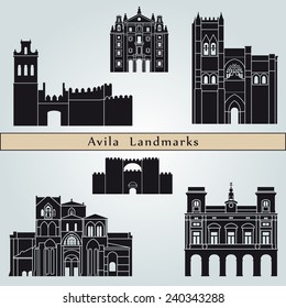 Avila landmarks and monuments isolated on blue background in editable vector file