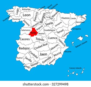Avila map silhouette vector. Spain province. Spain with separated regions isolated on background. Spain autonomy areas map. Editable vector map of Spain.