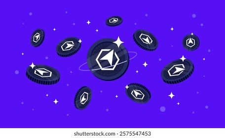 Avinoc coins falling from the sky. AVINOC cryptocurrency concept banner background.