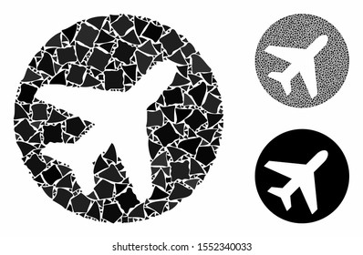 Avion composition of humpy elements in different sizes and shades, based on avion icon. Vector abrupt elements are composed into collage. Avion icons collage with dotted pattern.