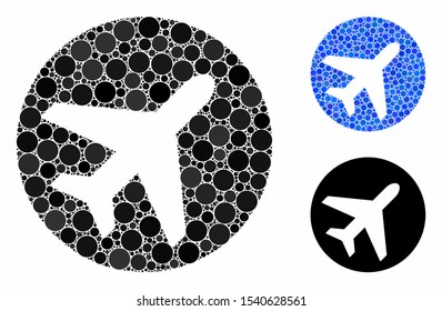 Avion composition of spheric dots in variable sizes and color tones, based on avion icon. Vector round dots are combined into blue composition. Dotted avion icon in usual and blue versions.