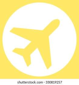 Avion vector icon. Style is flat white symbol, rounded angles, yellow background.