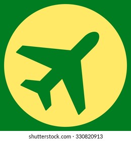 Avion vector icon. Style is flat yellow symbol, rounded angles, green background.