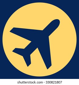 Avion vector icon. Style is flat yellow symbol, rounded angles, blue background.