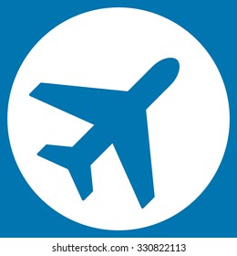 Avion vector icon. Style is flat white symbol, rounded angles, blue background.