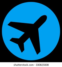 Avion vector icon. Style is flat blue symbol, rounded angles, black background.