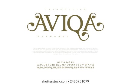 Aviqa premium luxury elegant alphabet letters and numbers. Elegant wedding typography classic serif font decorative vintage retro. Creative vector illustration