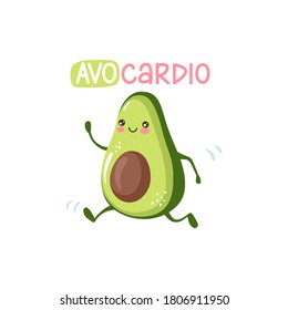 Avo Cardio. Cute Cartoon Avocado Charakter laufen, Sport zu tun. Schöne Gesundheits- und Fitness-Illustration mit fröhlichem Obst. Kawaii Stil. Vektorkarte.