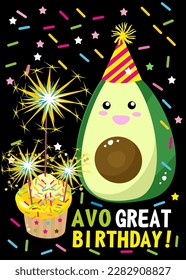 Avo gran cumpleaños, feliz tarjeta de felicitación de cumpleaños, aguacate, quequito con chispas, fondo negro