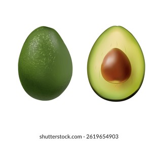 Avocado 3D cartoon illustration set. Bright green whole fruit , half, slice, with bone. Products for healthy diet. Vector modern illustration on isolated light background