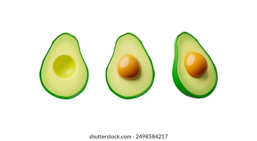 Avocado 3D vector set. Realistic halves in cartoon style with and without a bone on an isolated background. Ideal for topics related to healthy eating and vegetarian diets.