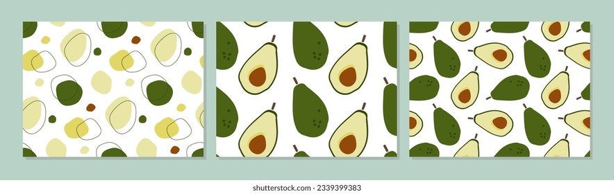 Avocado abstract background set. Three patterns. Seamless patterns with avocado and abstract spots hand drawn sketch. Backgrounds for textile, wrapping, wallpaper, cover. Modern exotic design