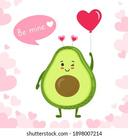 Avocado with air balloon, dialog speech bubble, Happy valentines Day greeting card. Hand drawn funny cartoon character, green kawaii avocado with pink hearts. Romantic banner love vector illustration