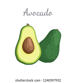 Avocado or alligator pear exotic juicy fruit whole and cut vector isolated. Tropical edible food, dieting veggies plant full of vitamins, nutrition dessert