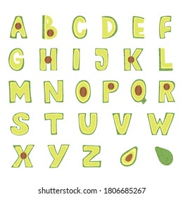 Avocado Alphabet design. Capital letters. Vector illustration.