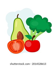 Aguacate, manzana, brócoli, zanahoria fresca, dietética, orgánica, comida. Estilo de dibujos animados EPS 10