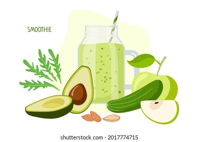 Avocado, apple, cucumber smoothie. Vegetables and fruit, Glass smoothie mug with green liquid. Food and drinks isolated. For menu for healthy eating. Fresh energetic drink. Green smoothie recipe.