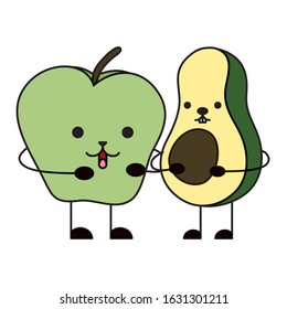 avocado with apple kawaii characters vector illustration design