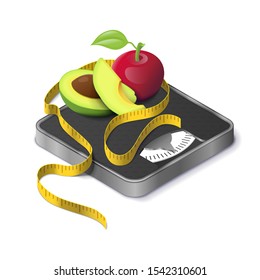 Avocado, Apple And Measure Tape On Weight Scale Isometric Realistic. Concept Fitness Weight Lose And Diet