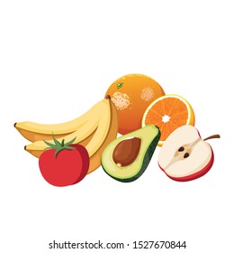 avocado and apple with other fruits over white background, vector illustration