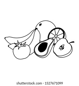 avocado and apple with other fruits over white background, vector illustration