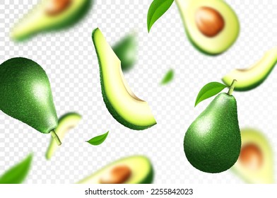 Avocado background. Flying whole, half and slices of fresh avocado. Unfocused and blurry effect. Can be used for wallpaper, banner, print, wrapping paper. Realistic 3d vector illustration.