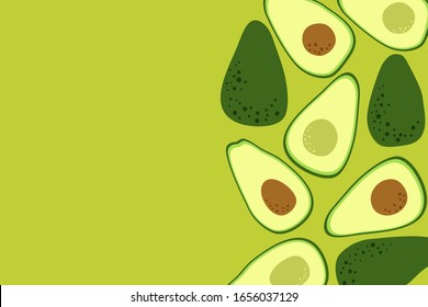 Avocado background. Healthy diet template to place text. Whole fruit and half cut avocado. Simple cartoon flat design. Vector illustration. 