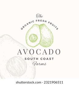 Avocado Logo-Vorlage. Handgezeichnete Fruchtskizze mit Retro Typografie. Premium-Pflanzenbasiertes Vegan-Lebensmitteletikett. isoliert