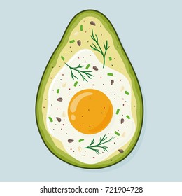 Avocado baked with egg and seasoning, top view. Freshly baked delicious avocado with egg inside, healthy meal. Yummy breakfast. Hand drawn vector illustration isolated on background. 