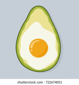 Avocado baked with egg, top view. Freshly baked delicious avocado with egg inside, healthy meal. Yummy breakfast. Hand drawn vector illustration isolated on background. 