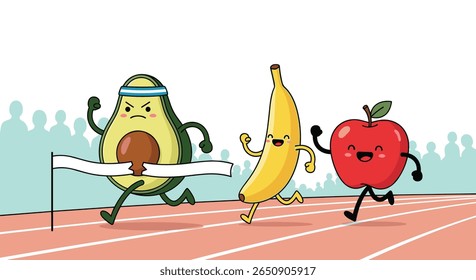 Avocado banana maçã engraçado desenho animado frutas corrida maratona competição vitória diversão