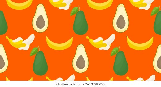 Abacate e banana em um fundo laranja. Padrão perfeito sob a máscara de corte, conveniente para edição. Fundo de fruto para papel, tampa, têxtil.