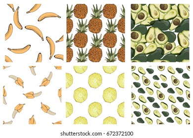 Avocado, banana, pineapple vector seamless patterns. Food background.