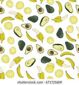 Avocado, banana vector seamless patterns. Food background.