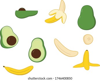 Ilustración de aguacate y plátano. Cuidada ilustración de banana y aguacate. Ilustración de frutos pequeños. Banana. Aguacate. Para la decoración y la pegatina. Cuta ilustración del aguacate. 