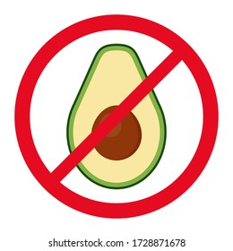 Avocado ist verboten. Halbe Avocado-Früchte und ein rotes Verbotsschild. Vector Stock flache Abbildung isoliert auf weißem Hintergrund