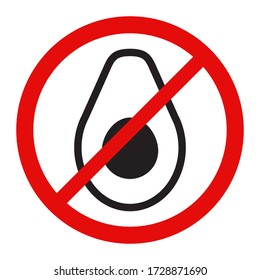 Avocado ist verboten. Halbe Avocado-Früchte und ein rotes Verbotsschild. Vector Stock flache Abbildung isoliert auf weißem Hintergrund