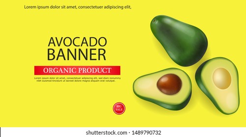 Avocado banner vector realistic. Menu page template layout. 3d illustration