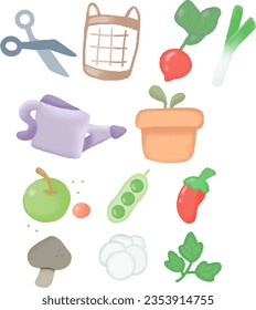 avocado, basket, boy, broccoli, cartoon, character, child, chili, collection, colorful, cute, design, fresh, fruit, girl, healthy, illustration, line, mangosteen, mascot, mushroom, peach, pineapple