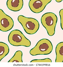 Avocado berry cut in half seamless pattern. Vector illustration of realistic alligator pear, vegetarian food. Endless texture of tropical nutrition dessert with seed, stone fruit background flat style