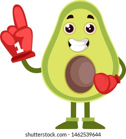 Avocado mit großem Handschuh, Illustration, Vektorgrafik auf weißem Hintergrund.